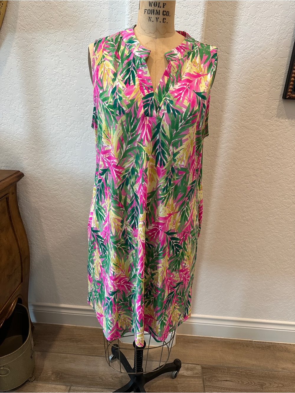 Dear Scarlett Tropical Leaf Sleeveless Midi Dress in Pink, Green & Yellow